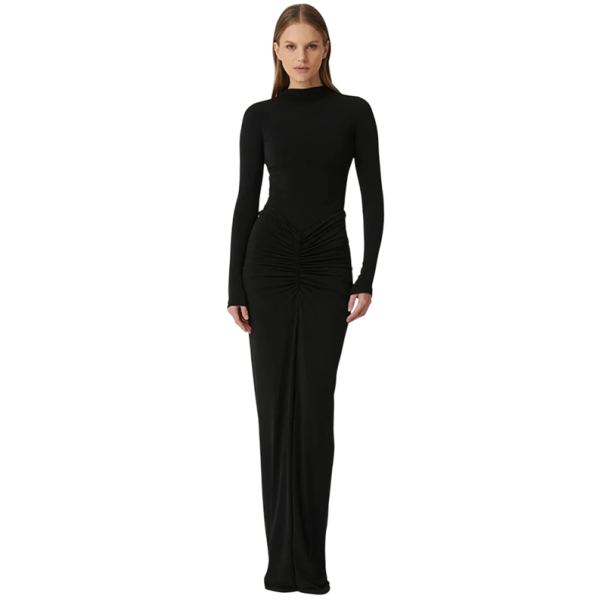 Robes élégantes longues pour femmes à manches longues Coupe ajustée Col haut Fronces décoratives à la taille Style de soirée formel noir M