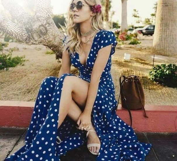 Robes longues à pois pour femmes bleu foncé XXL