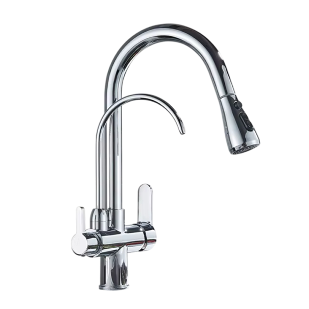 Robinet de cuisine filtrant pivotant à 360° avec bec extractible 3 modes de mélange d'eau chaude et froide, dimensions 34x11,5 cm argenté