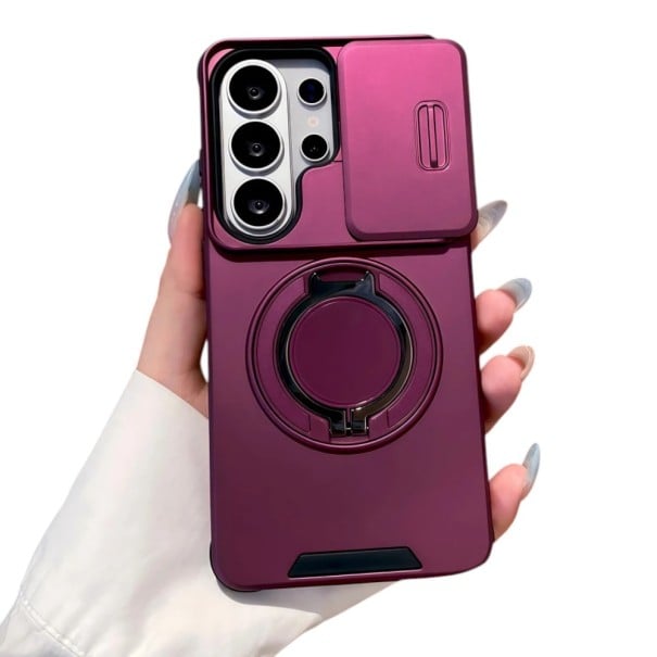 Robustní kryt na Samsung Galaxy A56 se stojánkem Posuvná krytka fotoaparátu Vyklápěcí kroužek Ochranný obal na mobil vínová