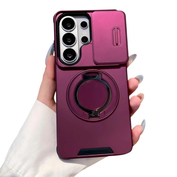 Robustný kryt na Samsung Galaxy A56 so stojanom Posuvná krytka fotoaparátu Vyklápací krúžok Ochranný obal na mobil vínová
