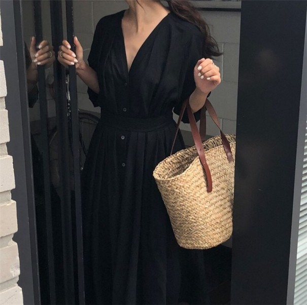 Rochie cămașă de culoare solidă negru