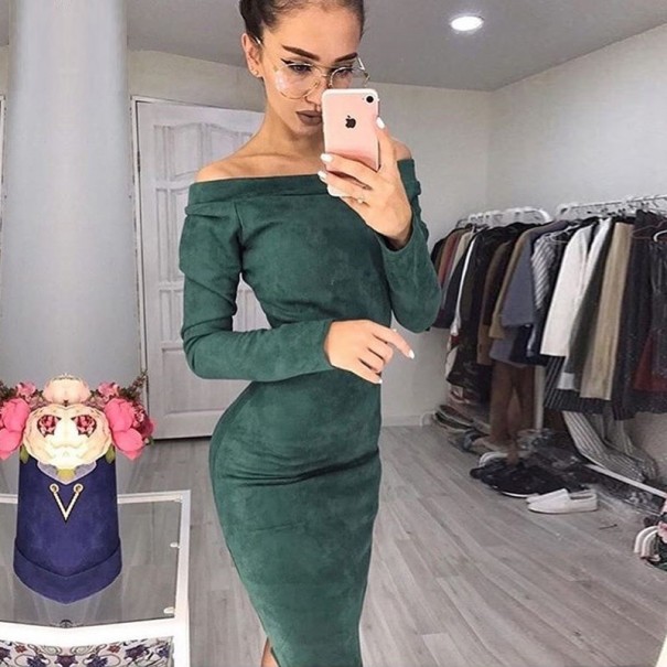 Rochie cu umeri căzuți verde inchis L