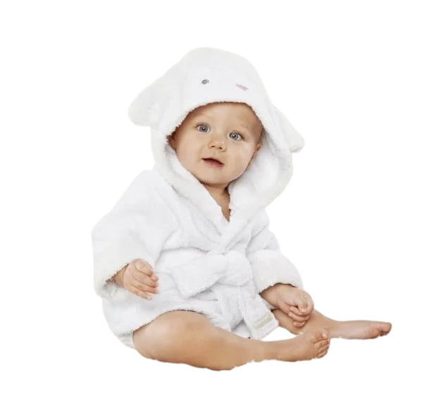 Rochie de baie unisex din pluș cu glugă, legare cu șnur, bumbac, alb cu motiv de oaie, rochie moale și călduroasă 3-12 luni