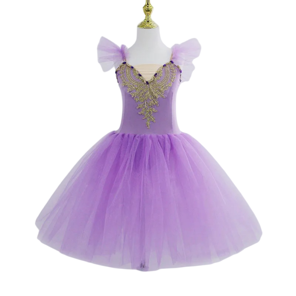 Rochie de balet pentru fete cu fustă tutu, broderie aurie și mâneci din tul, costum din nylon și poliester, pentru balet și spectacole de prințese violet 16