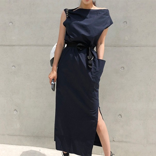 Rochie de damă cu buzunar A2755 albastru inchis