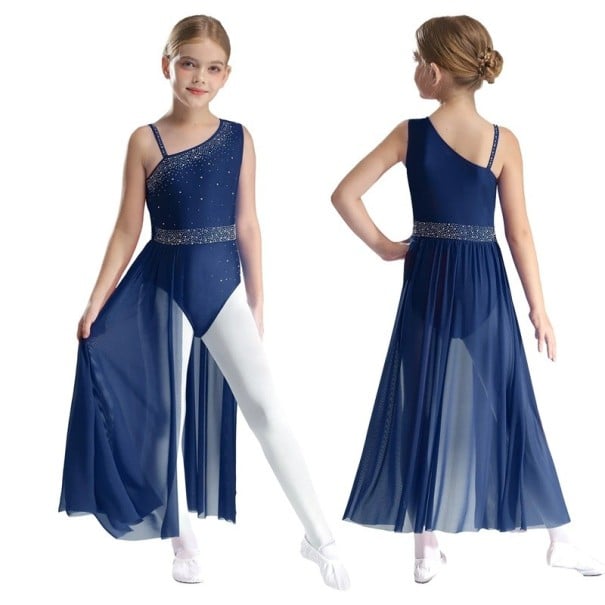 Rochie de dans lungă pentru fete cu un umăr, cu pietricele și fustă maxi din plasă, material nylon, poliester și elastan, pentru spectacole albastru inchis 16