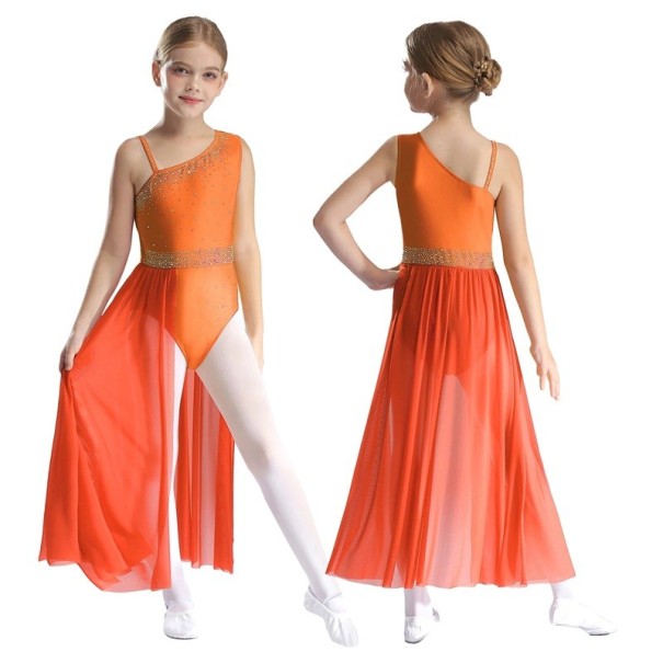 Rochie de dans lungă pentru fete cu un umăr, cu pietricele și fustă maxi din plasă, material nylon, poliester și elastan, pentru spectacole portocale 16