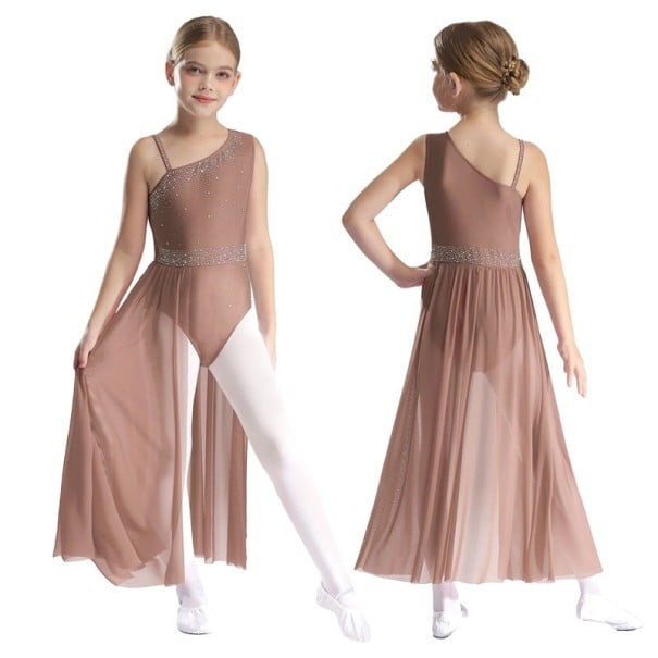 Rochie de dans lungă pentru fete cu un umăr, cu pietricele și fustă maxi din plasă, material nylon, poliester și elastan, pentru spectacole roz 16