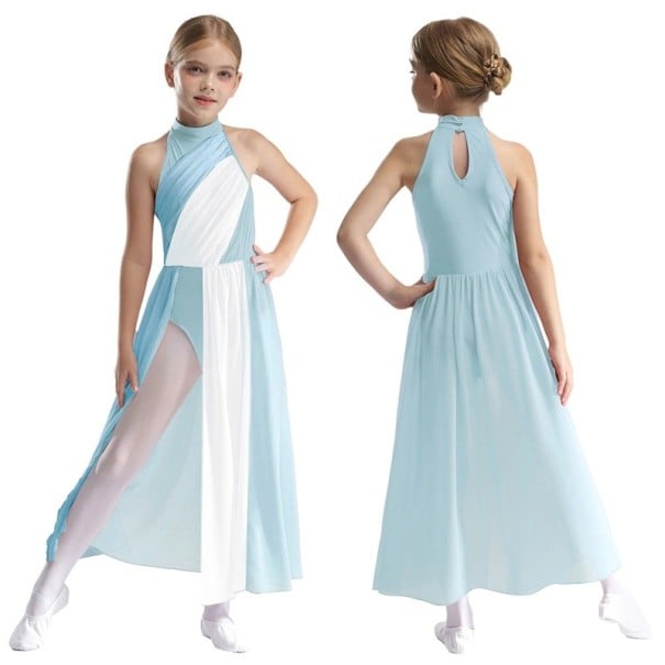 Rochie de dans lungă pentru fetițe cu decolteu halter, fustă maxi bicoloră și guler, material nylon, poliester, elastan, pentru spectacole albastru 16