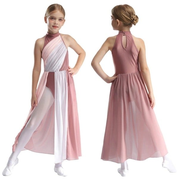 Rochie de dans lungă pentru fetițe cu decolteu halter, fustă maxi bicoloră și guler, material nylon, poliester, elastan, pentru spectacole roz 16