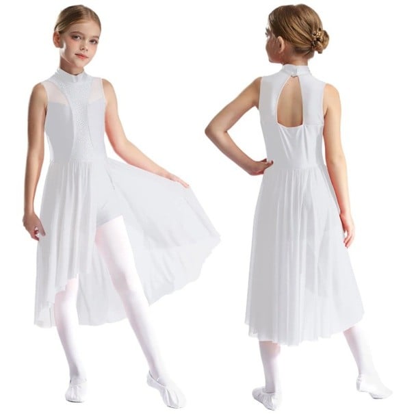 Rochie de dans pentru fete cu guler înalt, pietricele pe bust și fustă lungă din plasă, material nylon, poliester și elastan, pentru dans liric alb 16
