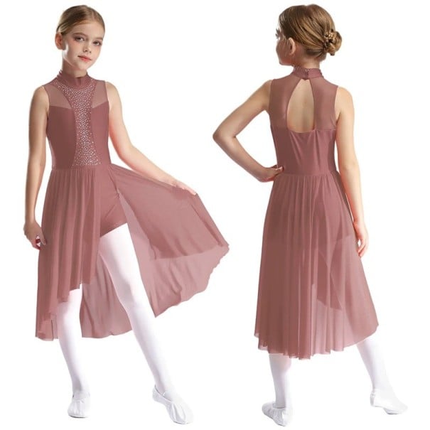 Rochie de dans pentru fete cu guler înalt, pietricele pe bust și fustă lungă din plasă, material nylon, poliester și elastan, pentru dans liric roz 16