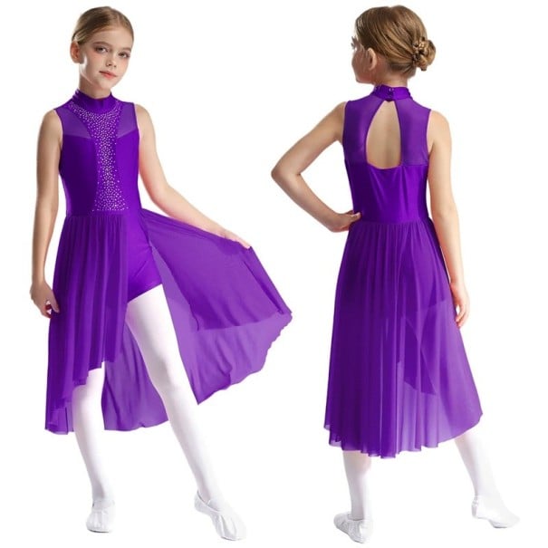 Rochie de dans pentru fete cu guler înalt, pietricele pe bust și fustă lungă din plasă, material nylon, poliester și elastan, pentru dans liric violet 16