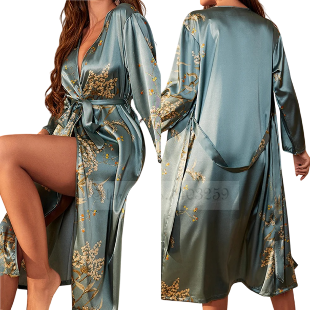 Rochie de noapte pentru femei cu model floral Rochie ușoară din poliester și mătase artificială Legare în jurul taliei Rochie elegantă de casă pentru femei albastru S