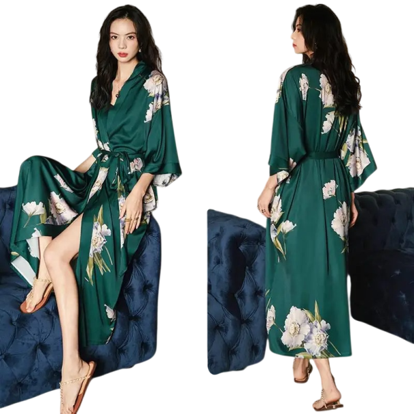 Rochie de noapte pentru femei, mărime universală, culoare verde, cu motiv floral, legare în jurul taliei, rochie ușoară din mătase artificială și poliester, rochie de casă elegantă 1