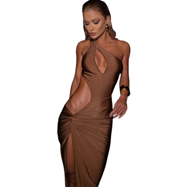 Rochie de seara lunga asimetrica, cu decupaj pe lateral si pe piept Croiala eleganta, cu fanta pe picior Pentru evenimente sociale maro S