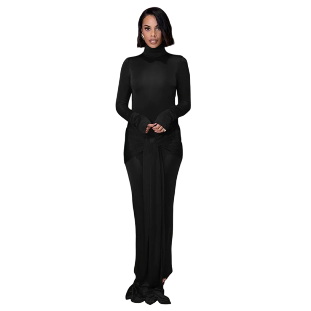 Rochie de seară lungă, elastică, cu decolteu și mâneci lungi Rochie formală elegantă, cu volană eficientă și o croială mulat negru L