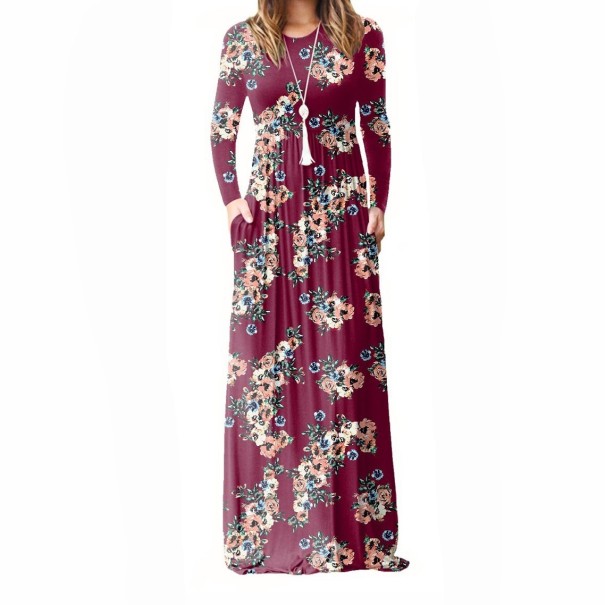 Rochie florală cu mâneci lungi burgundy M