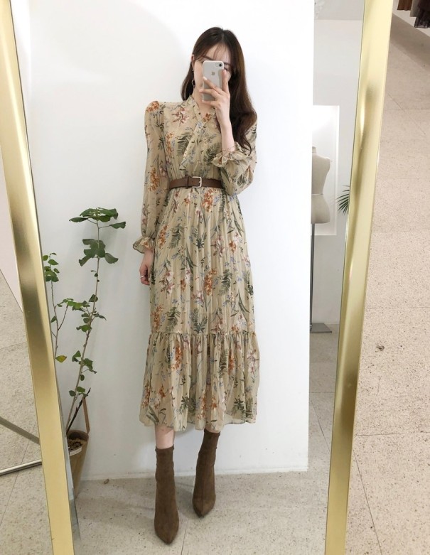 Rochie florală cu mâneci lungi Jane bej M