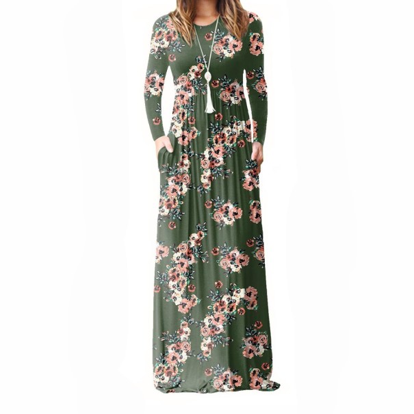 Rochie florală cu mâneci lungi verde armată S