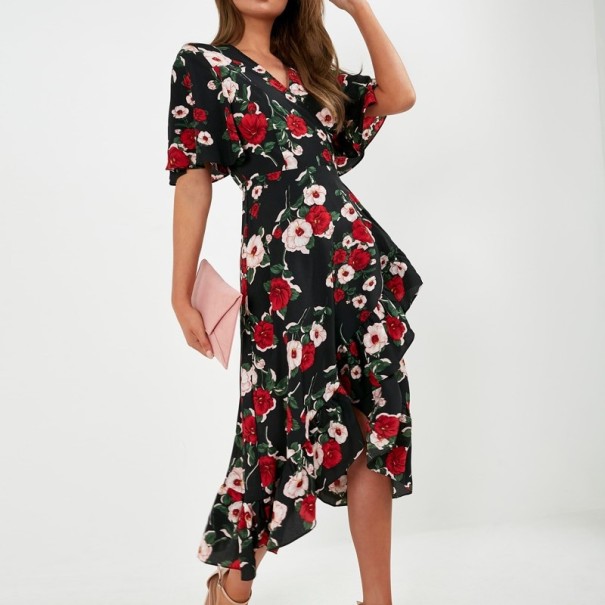Rochie florală înfășurată negru XS