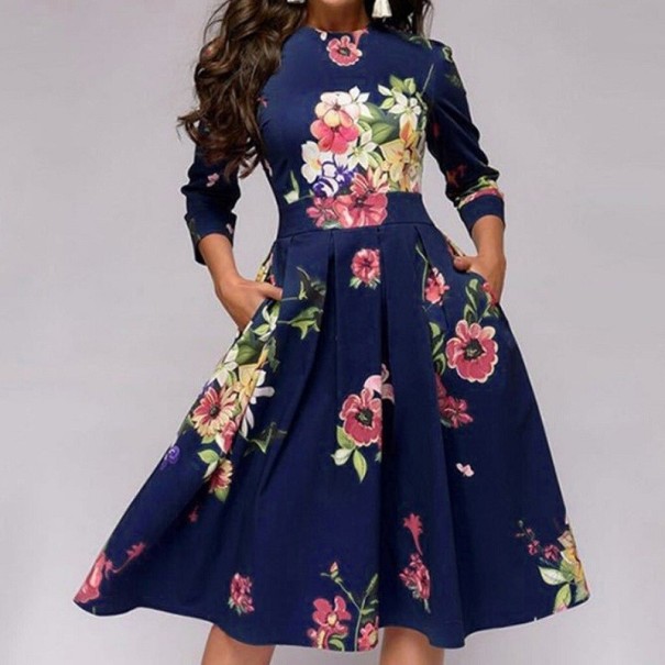 Rochie florală pentru femei P1137 albastru inchis XL