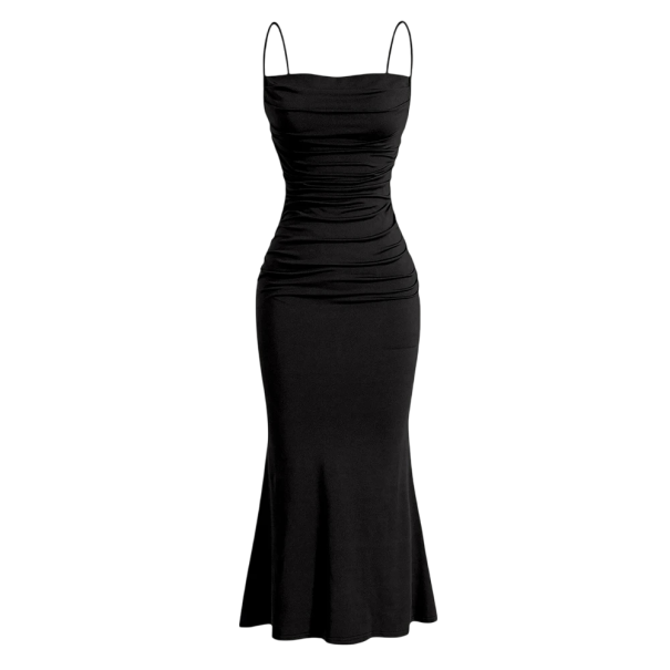 Rochie formala lunga, cu bretele subtiri, corset plisat, material elastic, tiv evazat, croi mulat, stil elegant negru S
