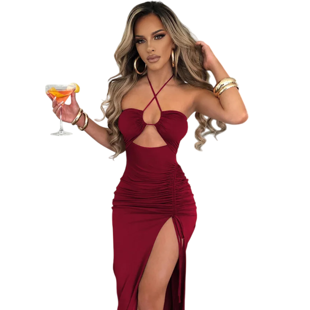 Rochie formala lunga cu decolteu adanc. Ruching în față. Fante înaltă cu șnur. Legături în jurul gâtului. Croiala potrivita. burgundy S