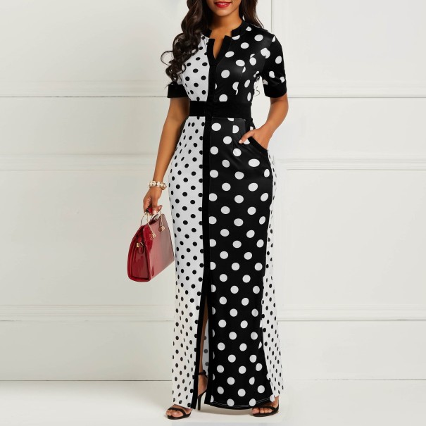 Rochie lungă alb-negru pentru femei, cu buline S