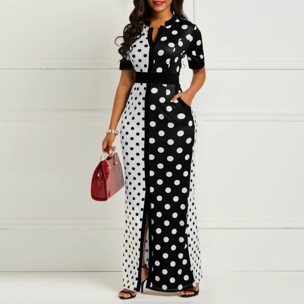 Rochie lungă alb-negru pentru femei, cu buline S
