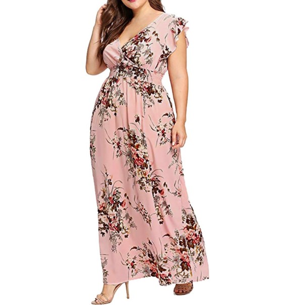 Rochie lungă cu flori - supradimensionată roz 4XL