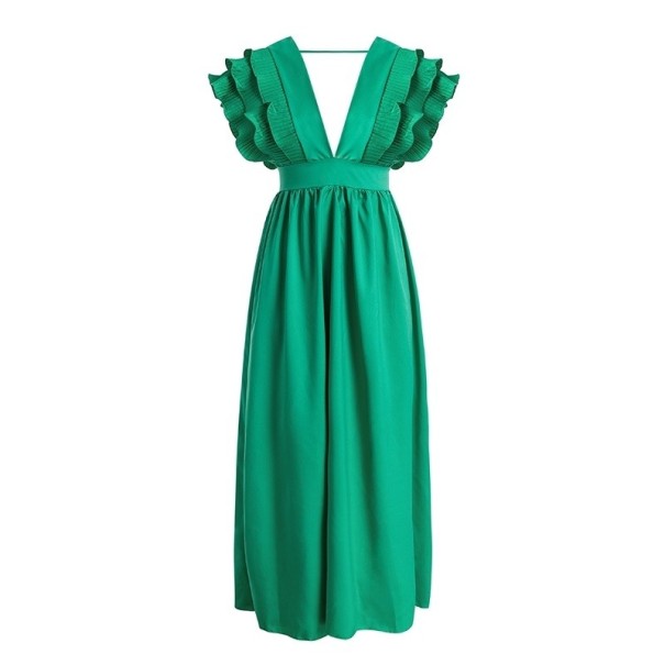 Rochie lungă de seară cu volane verde L