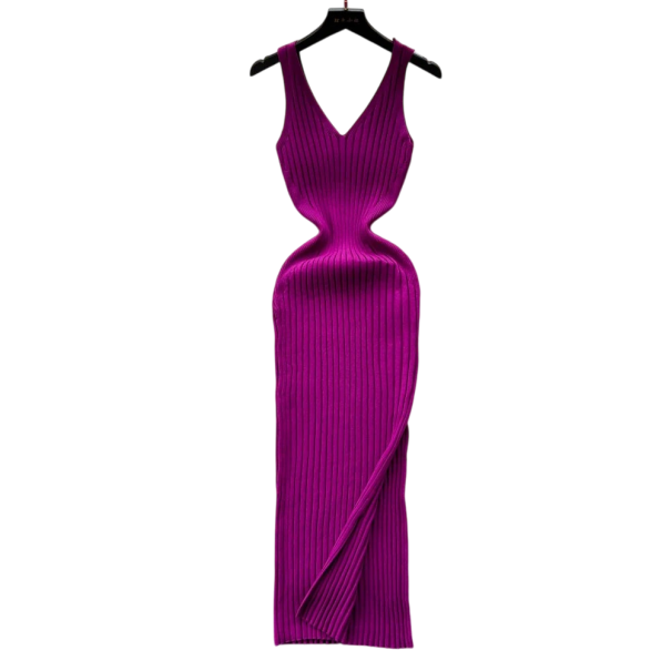 Rochie lungă din tricot cu coaste, fără mâneci, cu decolteu în V Rochie elegantă din tricot, moale, pentru muncă și petrecere a timpului liber violet