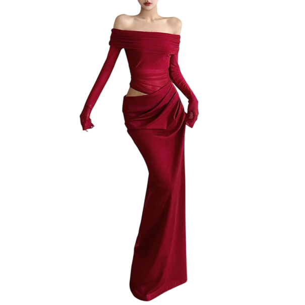 Rochie lungă, elegantă, moale, cu umerii expuși și mâneci transparente. Efect de rufe elegant în talie Ținută formală de seară roșu S