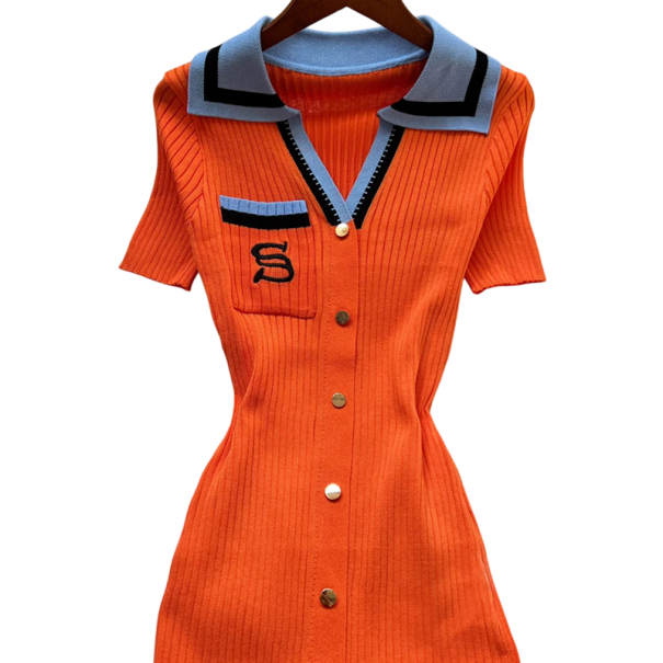 Rochie lunga tricotata cu broderie si nasturi Rochie eleganta cu guler cu decolteu in V si maneci scurte pentru tinuta de zi cu zi si formala portocale