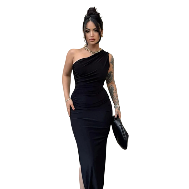 Rochie maxi lunga eleganta cu bretele asimetrice, croi mulat, volan in talie, crapa mare, lungime pana la genunchi, rochie formala negru M