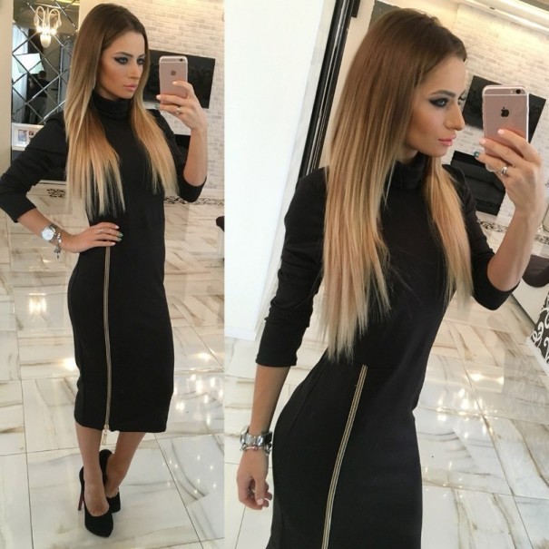 Rochie midi cu guler de toamnă negru XS