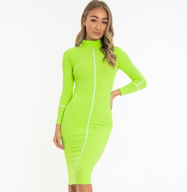 Rochie midi pentru femei până la gât verde neon S