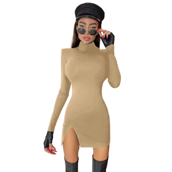 Rochie mini cu mânecă lungă Guler înalt Fată mică Umeri ascuțiți Croială strânsă sexy Rochie de seară pentru femei Moda pentru petreceri și club bej M