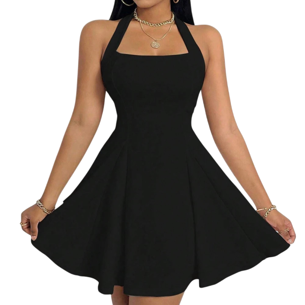 Rochie mini de dama cu decolteu patrat Rochie scurta cu fusta larga si bretele in spatele gatului Rochie eleganta de petrecere pentru vara negru XL