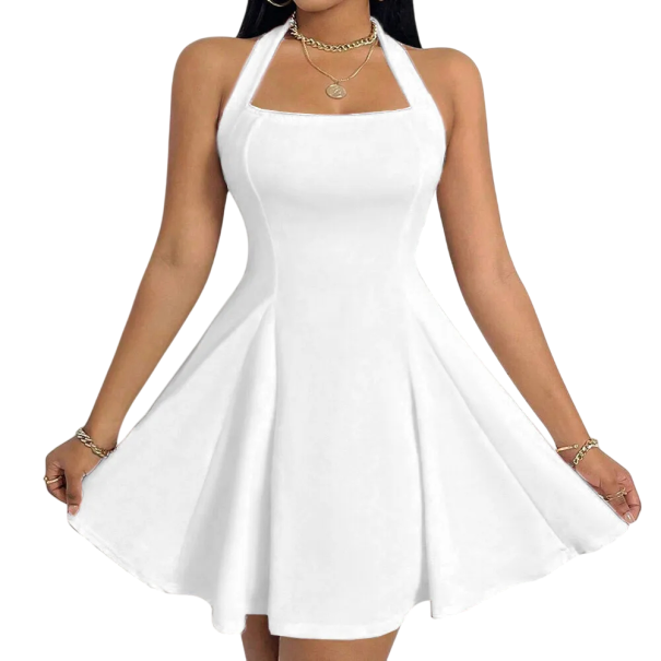 Rochie mini de dama cu decolteu patrat Rochie scurta cu fusta larga si bretele in spatele gatului Rochie eleganta de petrecere pentru vara