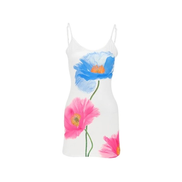 Rochie mini de vara cu bretele subtiri Imprimeu floral Slim fit Rochie alba din material usor Rochie de dama pentru vacanta de vara la plaja