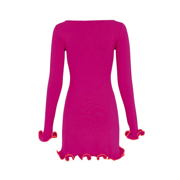Rochie mini elegantă cu mâneci lungi Tivul ondulat pe mâneci și marginea inferioară Croială simplă Stil mulat Material elastic roz închis S