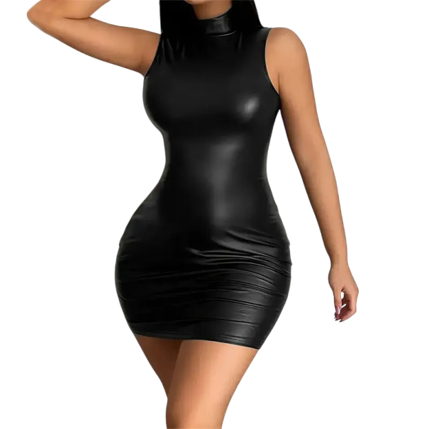 Rochie mini neagra din material lucios. Rochie bodycon fără mâneci. Rochie sexy cu guler inalt. Imitaţie de piele. Rochie de dama pentru seara de petrecere.