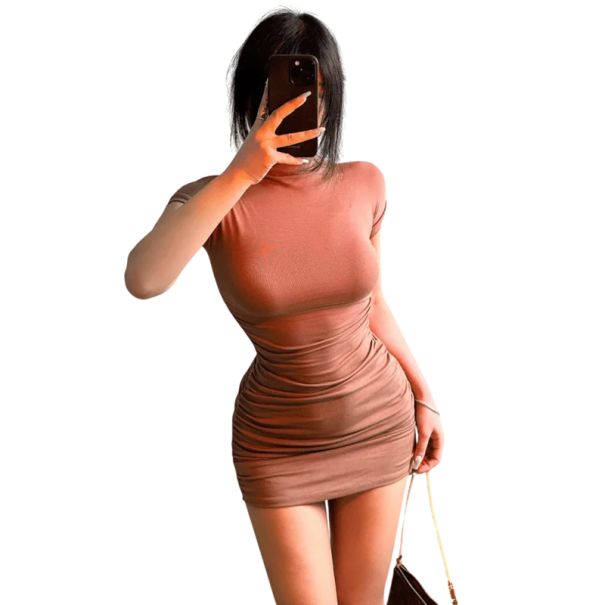 Rochie mini pentru femei, cu mâneci scurte și guler înalt Material elastic elegant cu volan Accentuează silueta kaki S