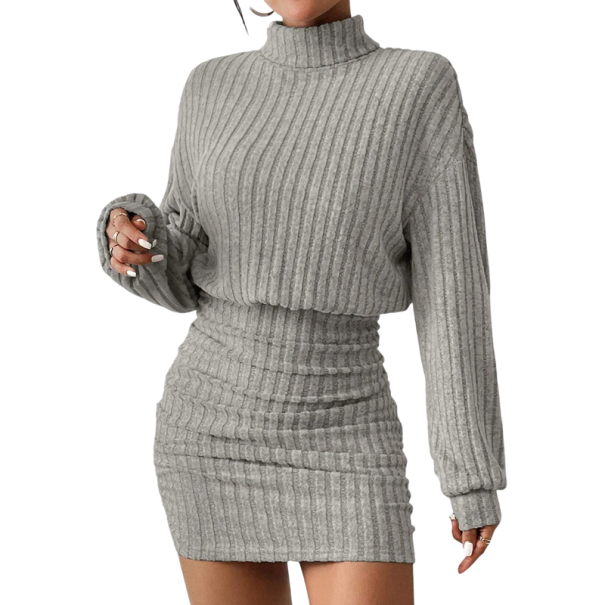Rochie mini tricotată cu guler rochie Rochie pulover cu mâneci lungi cu coaste Rochie elegantă împletită din tricot pentru toamnă și iarnă