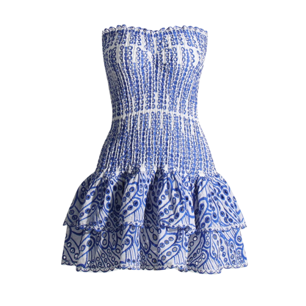 Rochie scurtă de vară fără bretele, cu corset elastic și fustă cu volane. Model etno. Ideal pentru o vacanță sau un festival de vară. albastru L