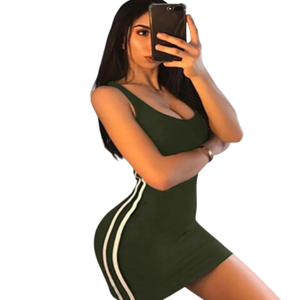 Rochie scurtă subțire, cu dungi albe, stil sportiv casual, slim fit Material elastic, rochie mini de vară pentru petrecerea timpului liber verde armată S