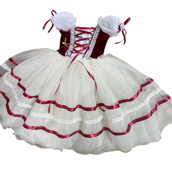 Rochii de balet pentru fete cu mâneci balon, decor floral și fustă din tul, material nylon și poliester, pentru spectacole de balet roșu 10